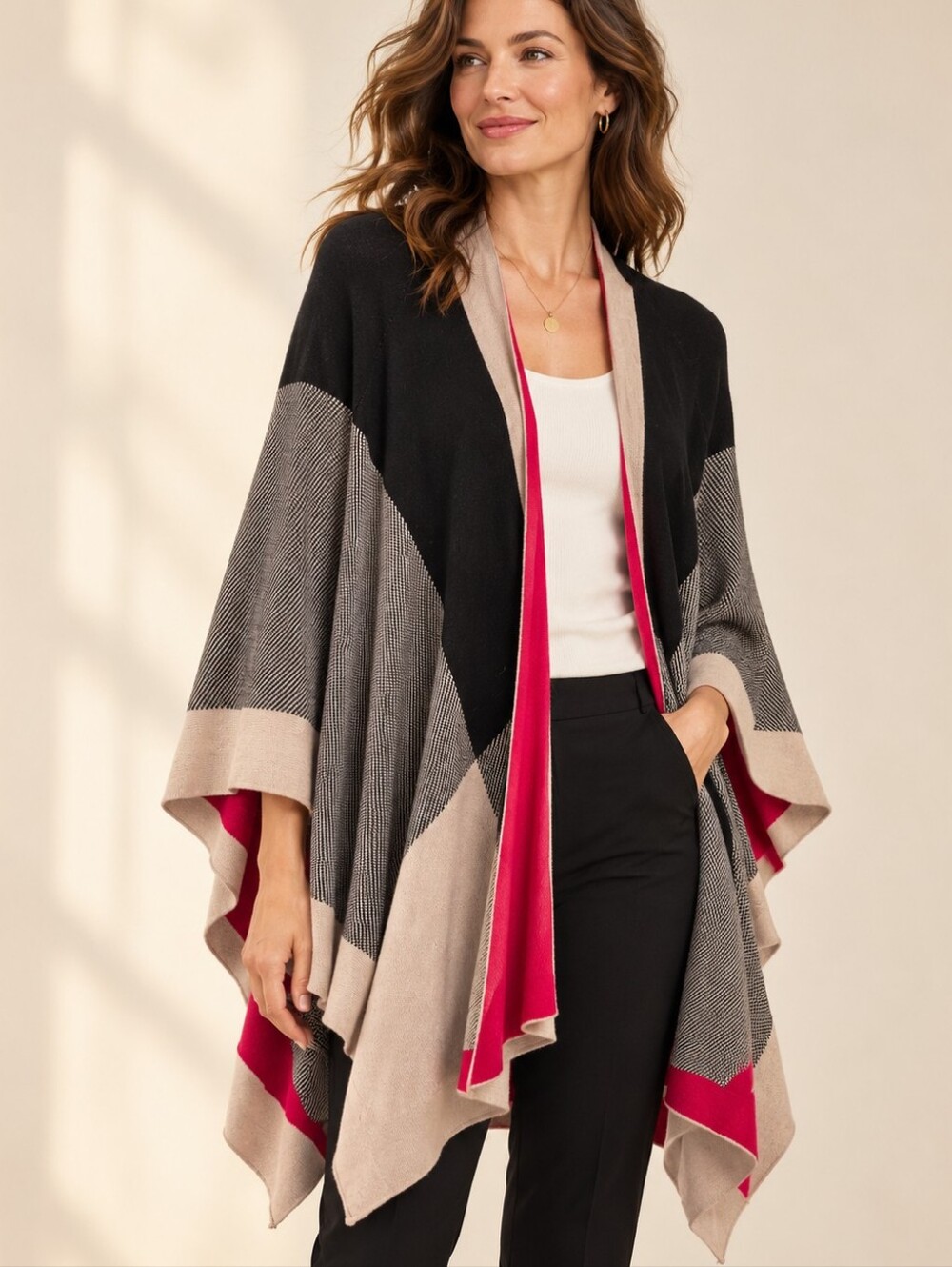 Dana Buchman Colorblock Knit Poncho Wrap Cape Size M Black Beige